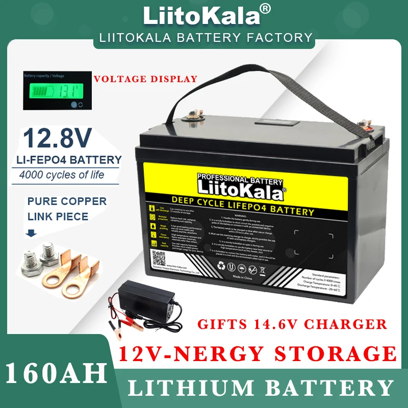 LiitoKala 12.8V 160AH LiFePO4 Battery 12v Lithium Iron Phosphate Cycles inverter Car lighter Batteries 14.6V Charger Tax Free