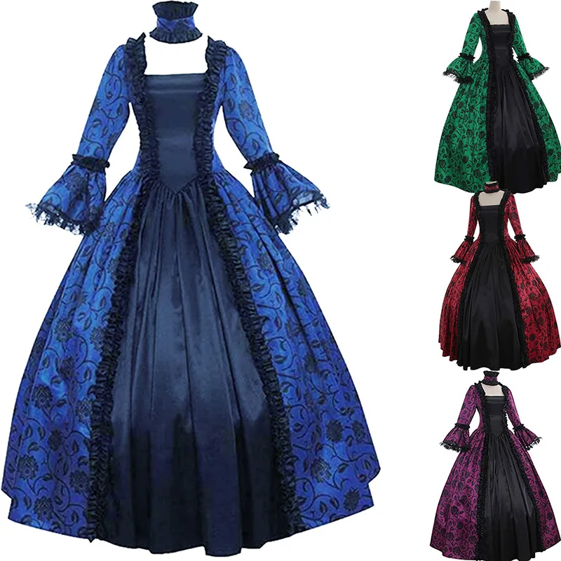 

Halloween Cosplay Carnival Party Victorian Court Dress Medieval Vintage Long Dress Large Hemline Flare Sleeve Square Collar