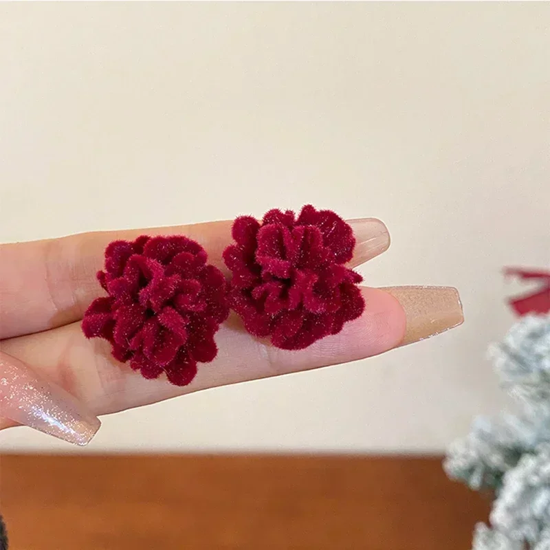 Gentle Red Velvet Imitation Pearl Bow Flower Earrings For Women Retro High-end Temperament Earrings Festival Ear Accssories B