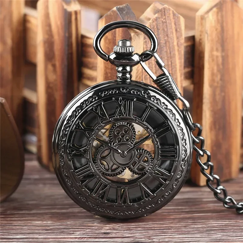 Steampunk Full Black Pocket Watch Unisex Skeleton Handwinding Mechanical Watches with Pendant Chain Roman Number Clock Gift