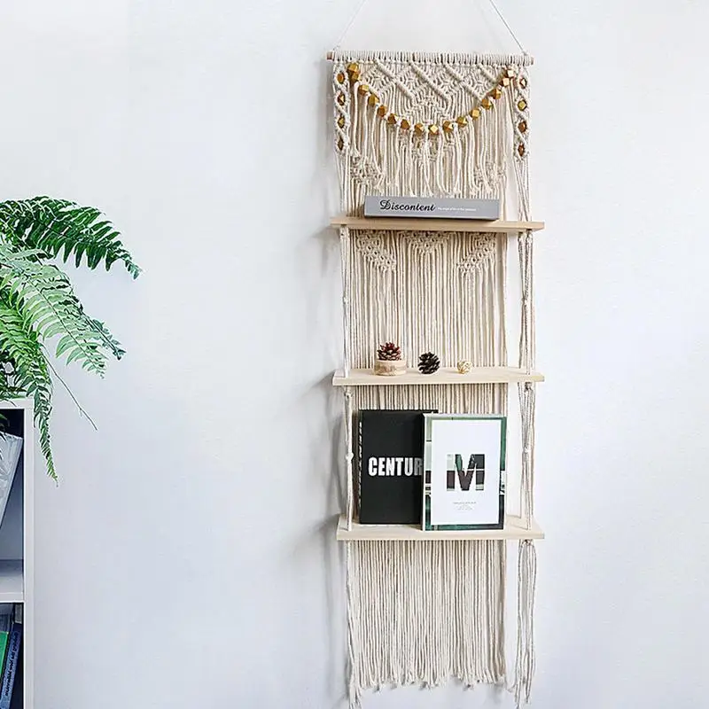 Macrame Plant Hanger Shelf 3 Tire Macrame Plant Decor Shelf Indoor Outdoor Floating Wood Shelve Decorative Boho Shelf