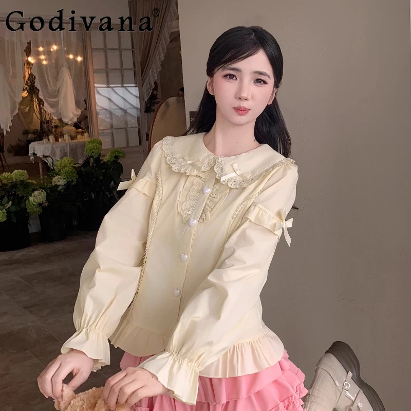 

Lolita Shirt Japanese Peter Pan Collar Long Puff Sleeves Sweet Bow Top Girl Spring Autumn Lace Age-reducing Bottoming Shirts