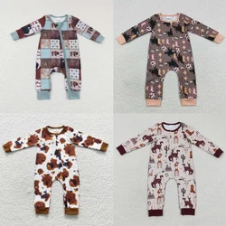 Wholesale Toddler Baby Boy Romper Western Clothes Kid One-piece Newborn Coverall Bodysuit Zipper Long Sleeves Cow Print Jumpsuit