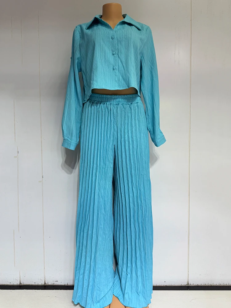 Solid color lapel long-sleeved short shirt two-piece set 2025 Autumn women's fashion set + pleated loose wide-leg pants