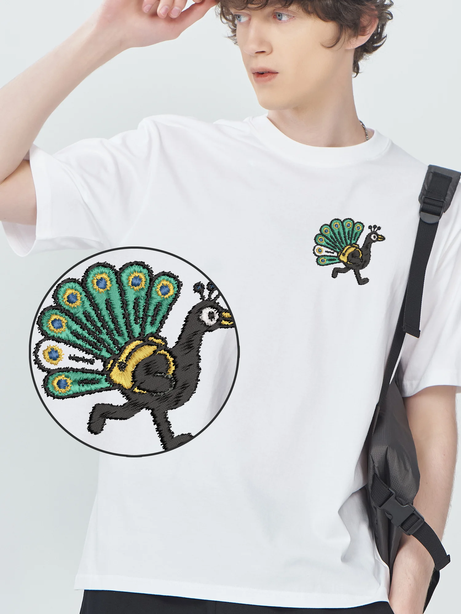 

Peacock With Backpack Embroidered T-Shirt For Men Women Trendy High Quality Soft Breathable Street Wear Embroidery Tees​