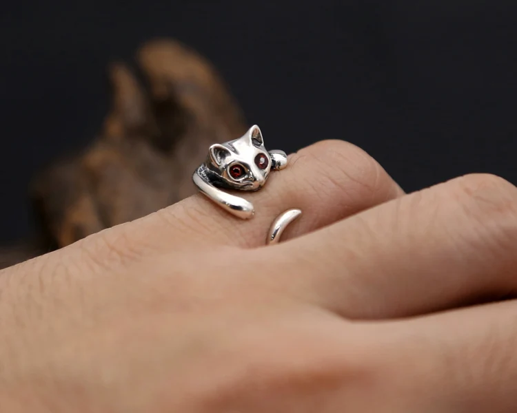 S925 pure silver jewelry cute cat ring for women retro Thai silver tail ring with personalized diamond opening Korean version ri view 5