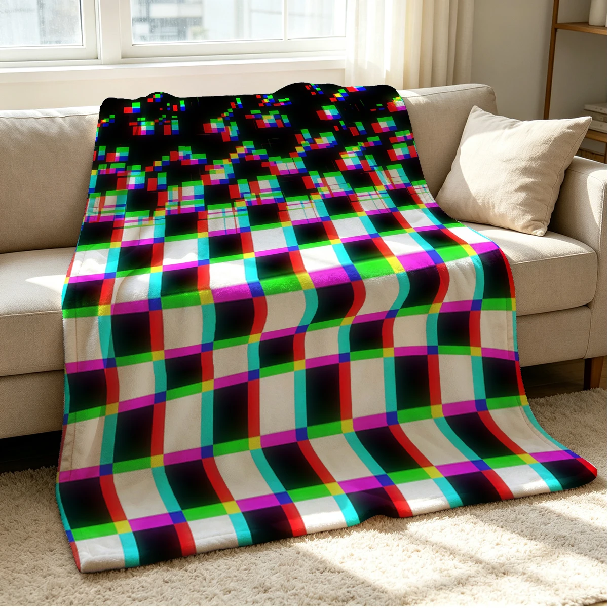 Glitch Grid Flannel Blanket Warm Soft Halloween Christmas Couch Warm Cozy Decorative Decor Gift for All Season