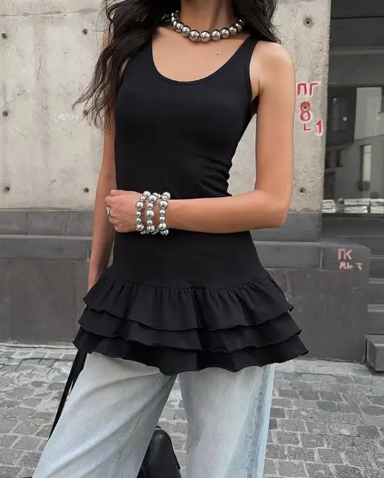 

2026 Summer Top Y2K Trendy Fashion Spicy Girl Solid Color Round Neck Waist Stacked Ruffle Edge Design Sleeveless Tank Top