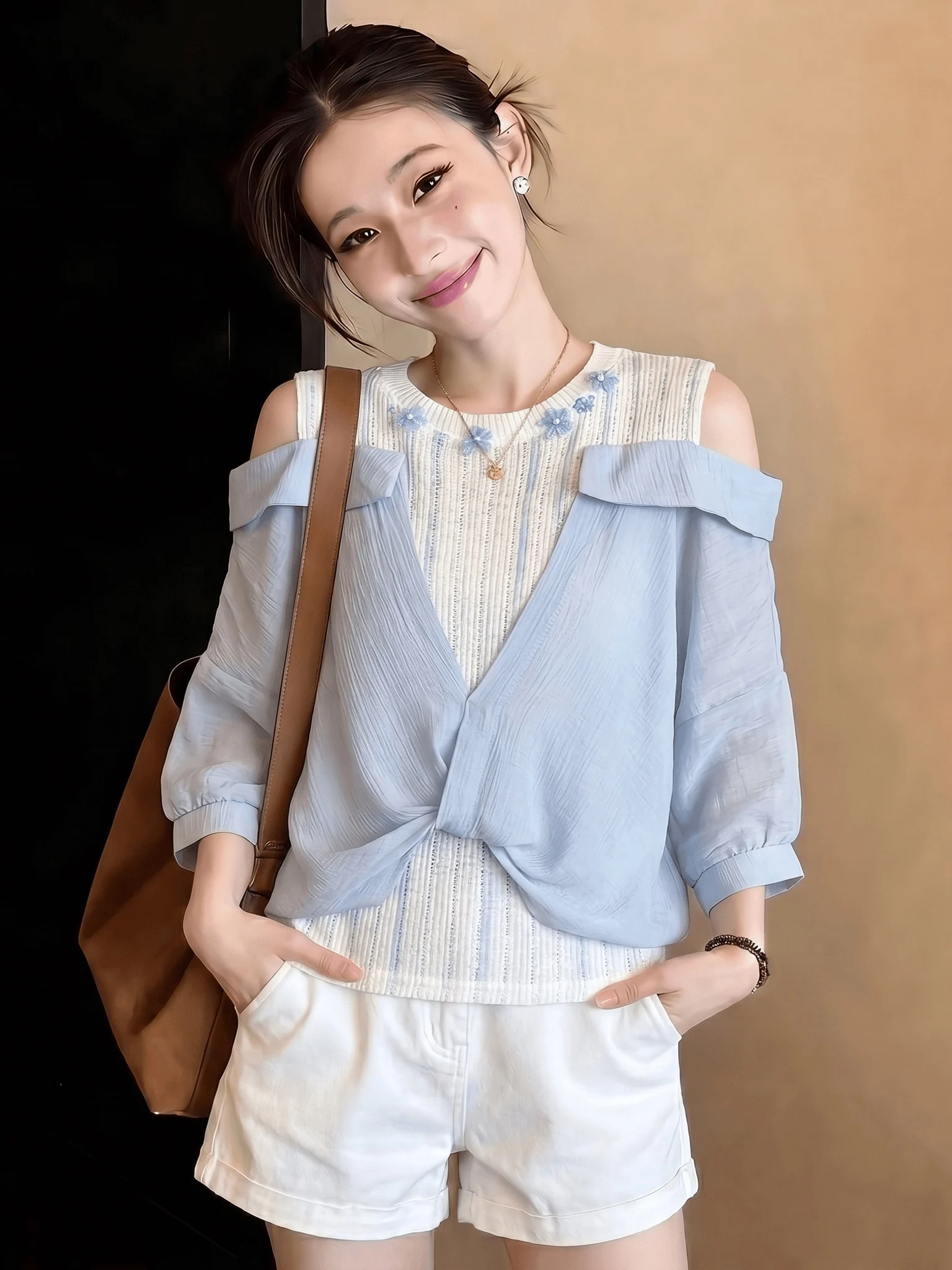 

Light Blue Shoulder Bared Short Sleeve Shirt Women's Style Korean Loose Fit Commute Fashion Summer New plus Size Beautiful Top