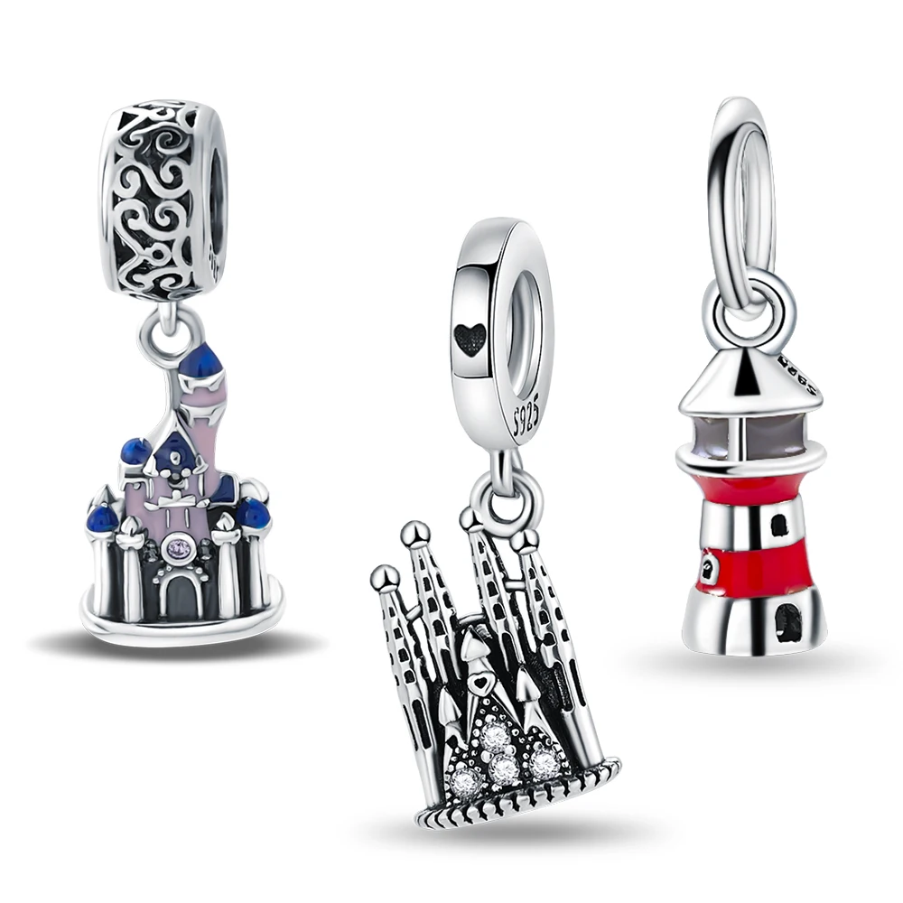 925 Sterling Silver Architectural Series Castle Lighthouse Pendant Fit Women Charms Original Bracelets DIY Jewelry Gifts