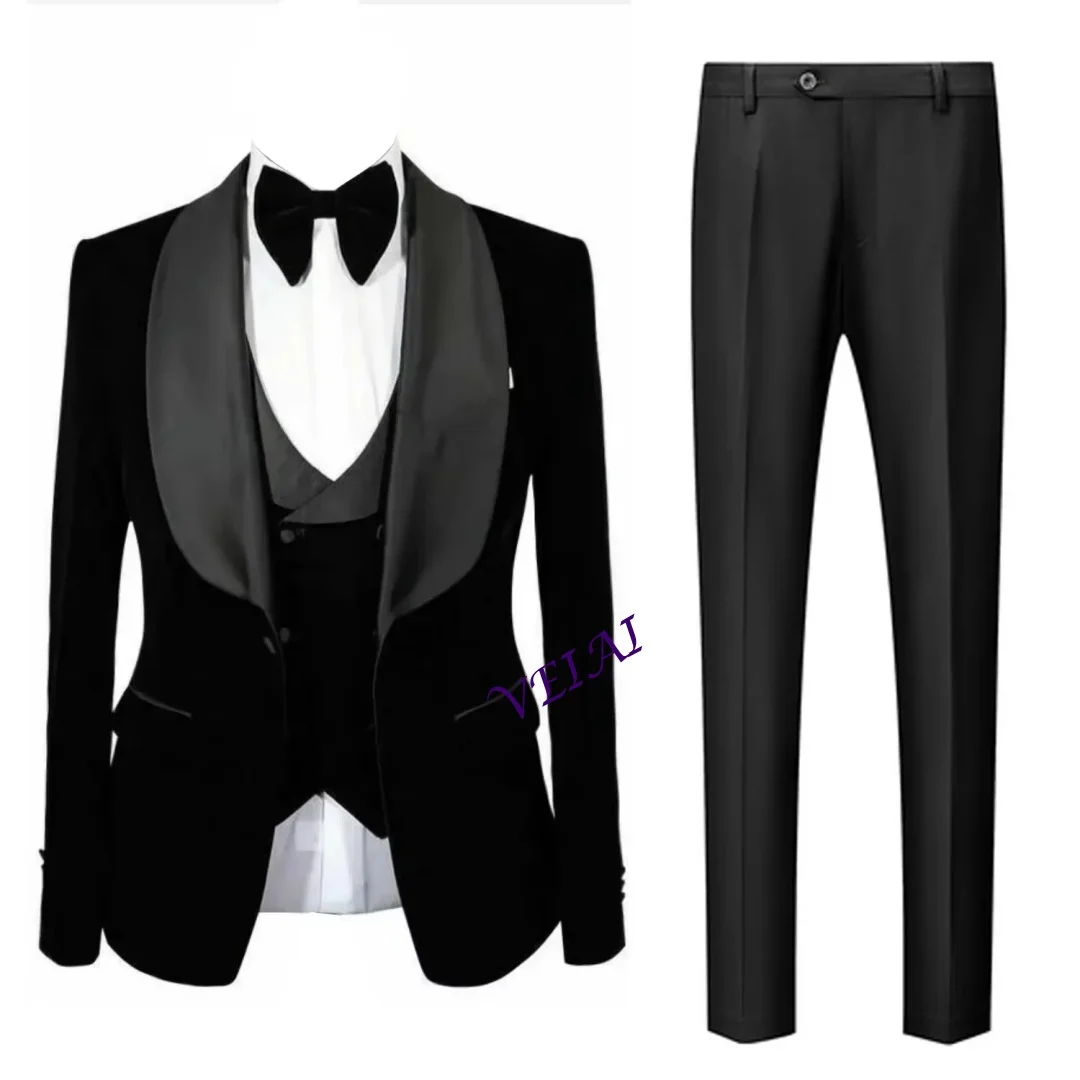 

CustomizedMen's evening gown three piece set black velvet tailcoat (shawl lapel jacket+vest+trousers) groom's wedding dress ball