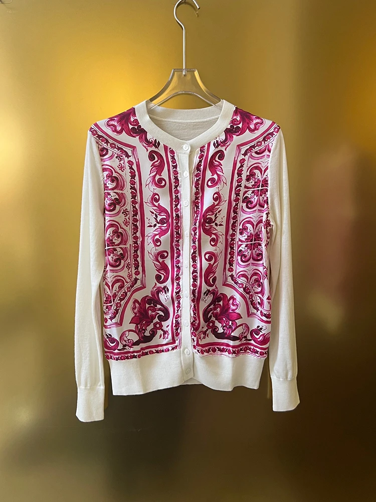 JUNLINNA High Quality Silk Wool Women Sweater All Season O-Neck Long Sleeve Single Breasted Printing Street Coat