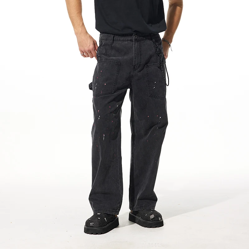 

Men Splatter Black Washed Straight Leg Jeans Casual Spring Autumn New Arrival Basic Versatile Stretch Comfort Fit Denim Trousers