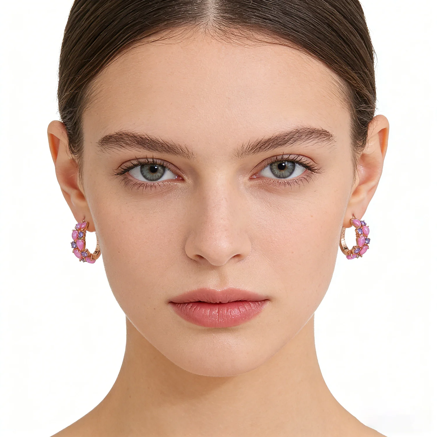 New Dainty Pink Opal Purple Round Zircon Earrings Women\'s Boho Trendy Fine Jewelry Holiday Wear Anniversaries Cute Gift for Girl