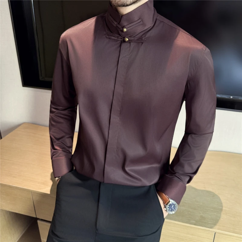 

Мужские классические рубашки из шелкового атласа в китайском стиле с длинным рукавом, винтажные рубашки с воротником-стойкой, тонкая мужская официальная рубашка, роскошный дизайн, мужская рубашка-смокинг