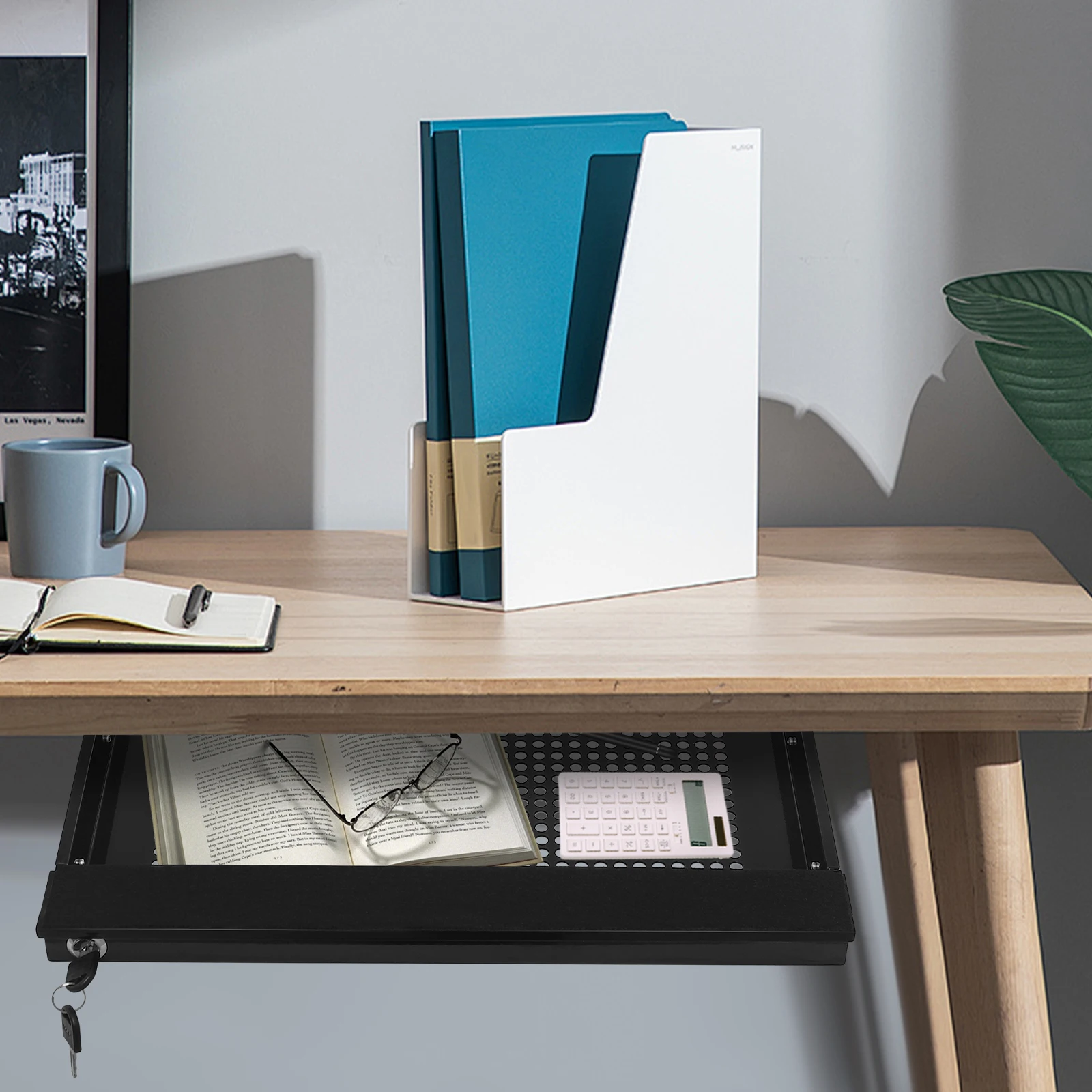 

Выдвижной ящик для хранения под столом, черный металлический органайзер с замком и ключом, грузоподъемность 4,4 фунта, экономия места, простая установка