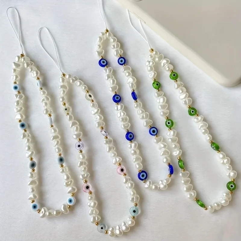 Unique Evil Eye Pearl Phone Charm - Colorful Faux Pearl Handmade Irregular Beaded Pendant for Women