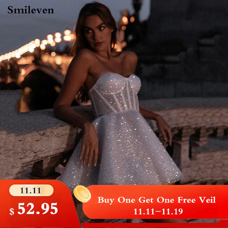 Smileven Short Wedding Dress A Line Sweetheart Neck Shiny Glitter Bride Dresses Mini Sweetheart Neck Vestido de novia Customized