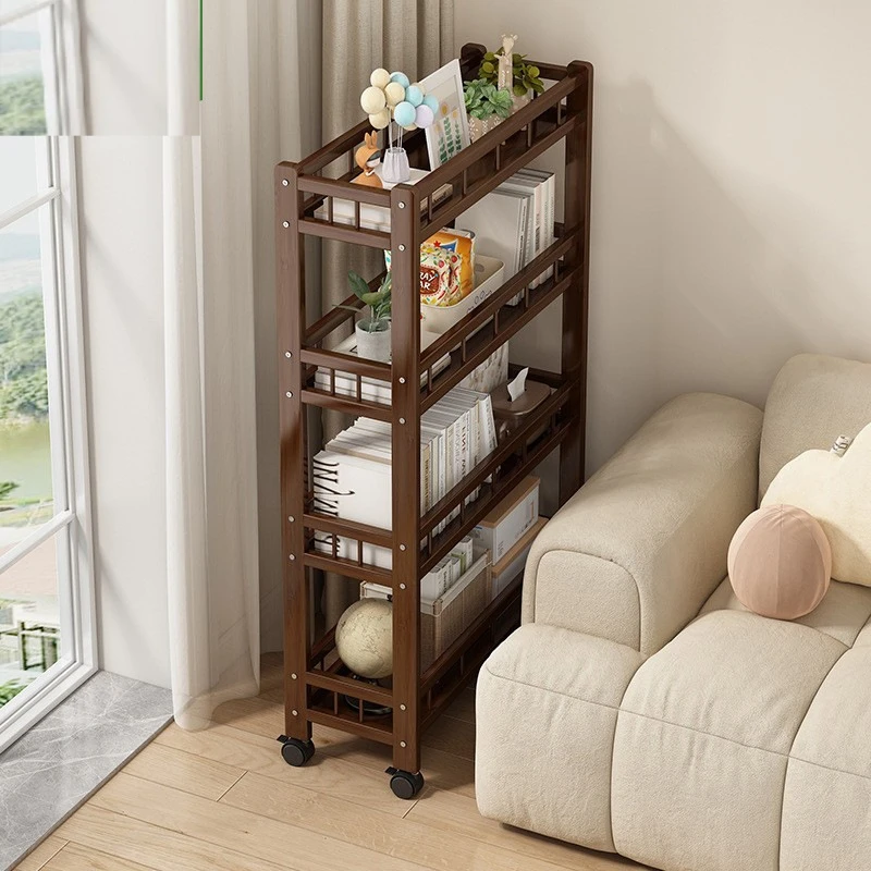 

Узкая полка для хранения из цельного дерева, мобильный многослойный органайзер, книжный шкаф для кухни/ванной комнаты/офиса, компактная мебель