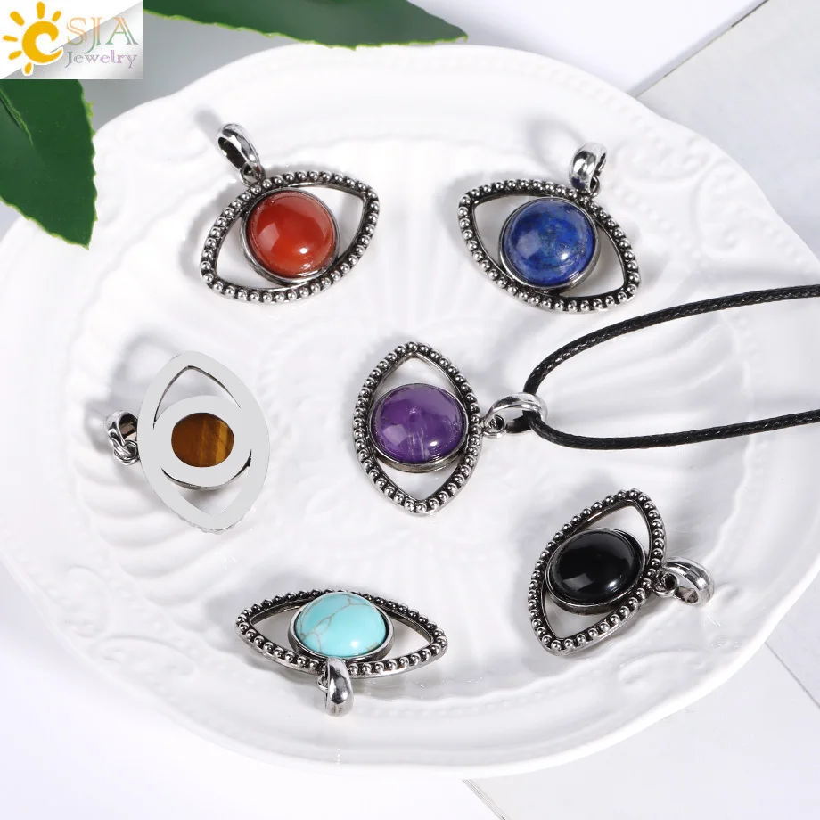 CSJA Eye Shape Pendant Necklace Healing Natural Stone Round Cabochon Bead Tiger eye Amethysts Crystal Jewelry Gift H568