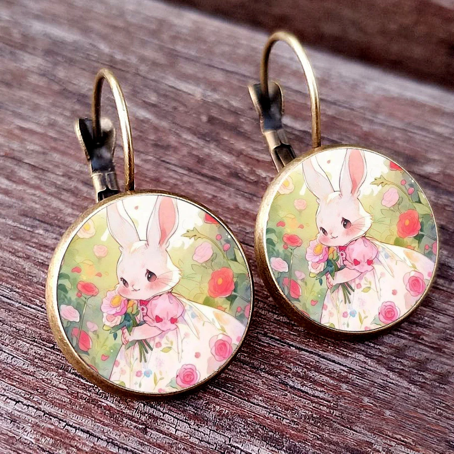 2024 New Painting Rabbit Earrings Cute Rabbit Animal Glass Cabochon Handmade Women\'s Jewelry Earrings I love little rabbits