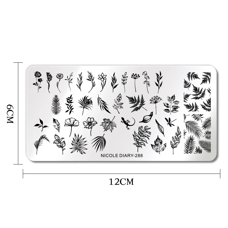 NICOLE DIARY Hijau Daun Kelapa Cap Piring Musim Semi Musim Panas Cap Bunga Kupu-kupu Cat Kuku Template Stensil