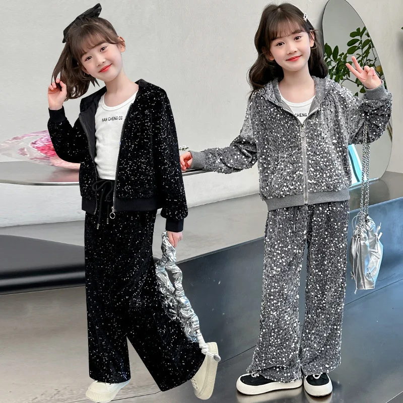 Girls Coat+Pants Kids Suits 2PCS/Set Cotton 2024 Dazzling Spring Autumn Cotton Tracksuit Sport Suits Children Clothing