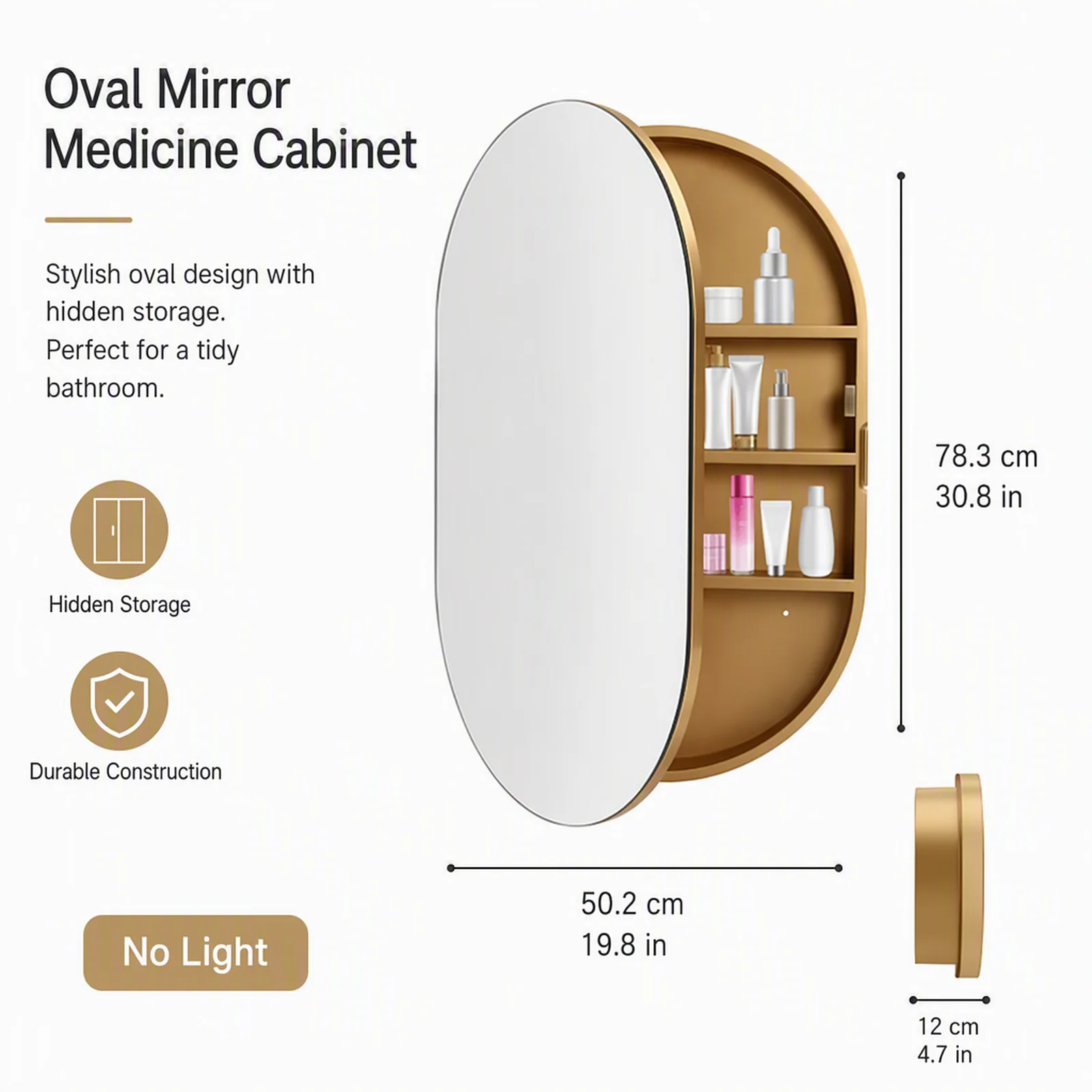 Oval Bathroom Mirror Cabinet 50.2*78.3cm Without Lights - Gold Color Weight 132 Lbs Wall Storage Cabinet Mirror for a Bathroom, Toilet, Balcony, Hotel