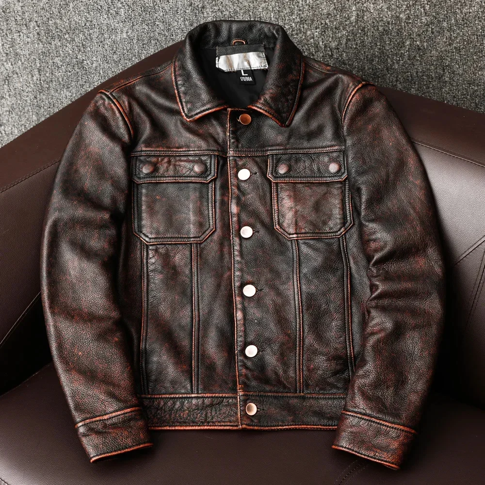 Red Brown Vintage Genuine Leather Jacket Men 100% Natural Cowhide Coat Men's Casual Workwear Stone Mill Old Style Autumn Clothes