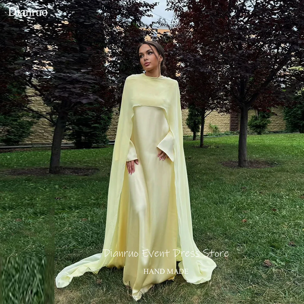 Dianruo 버터 옐로우 케이프 슬리브 이브닝 드레스 drapd 라운드 넥 파티 가운 우아한 쉬폰 vestidos formales 맞춤형