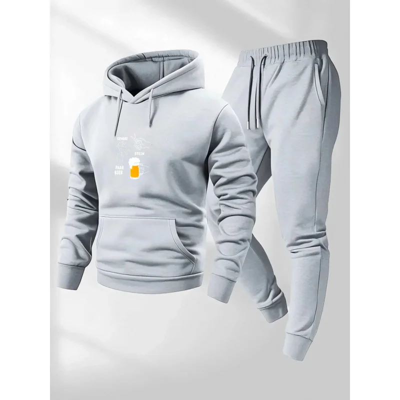 

Светло-серый комплект с капюшоном, пивная кружка с принтом и текстом