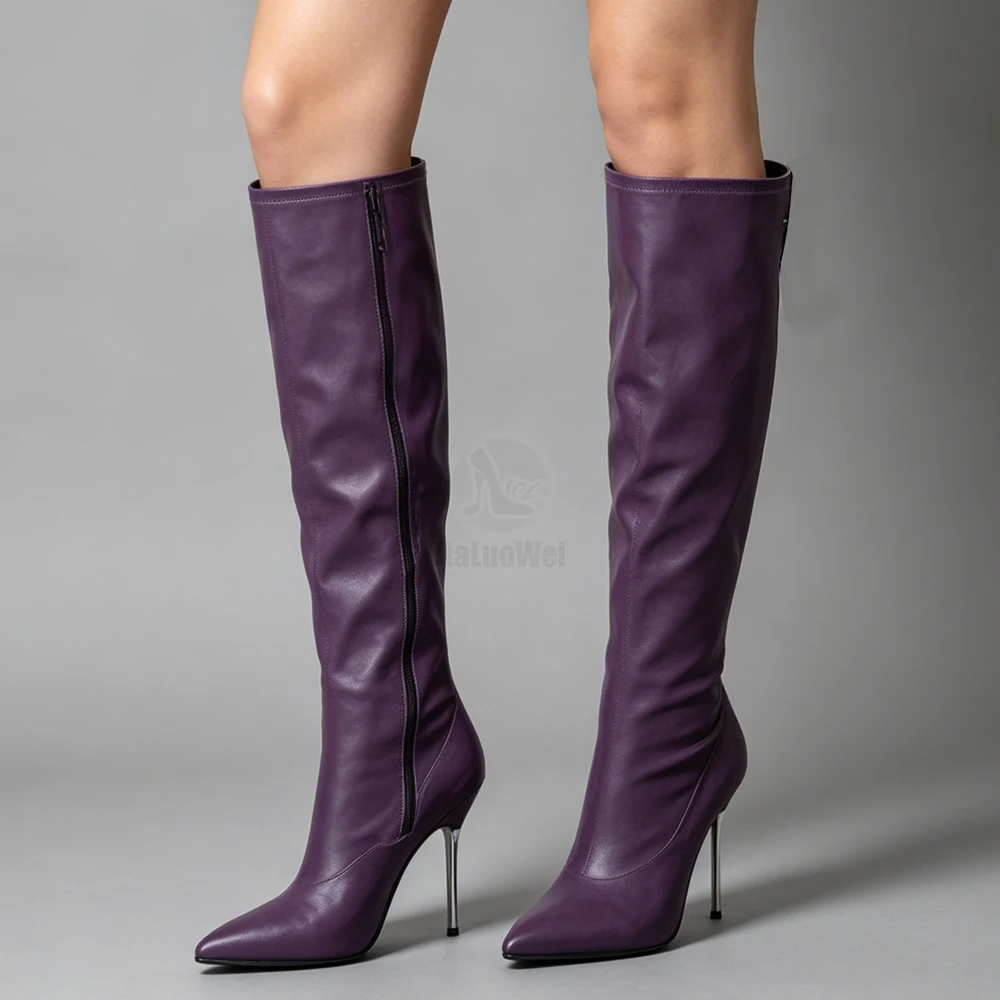 

12CM Stiletto High Heels Unisex Size36-46 Deep Purple Knee High Boots Elegant Office Lady Pointed Toe Boots