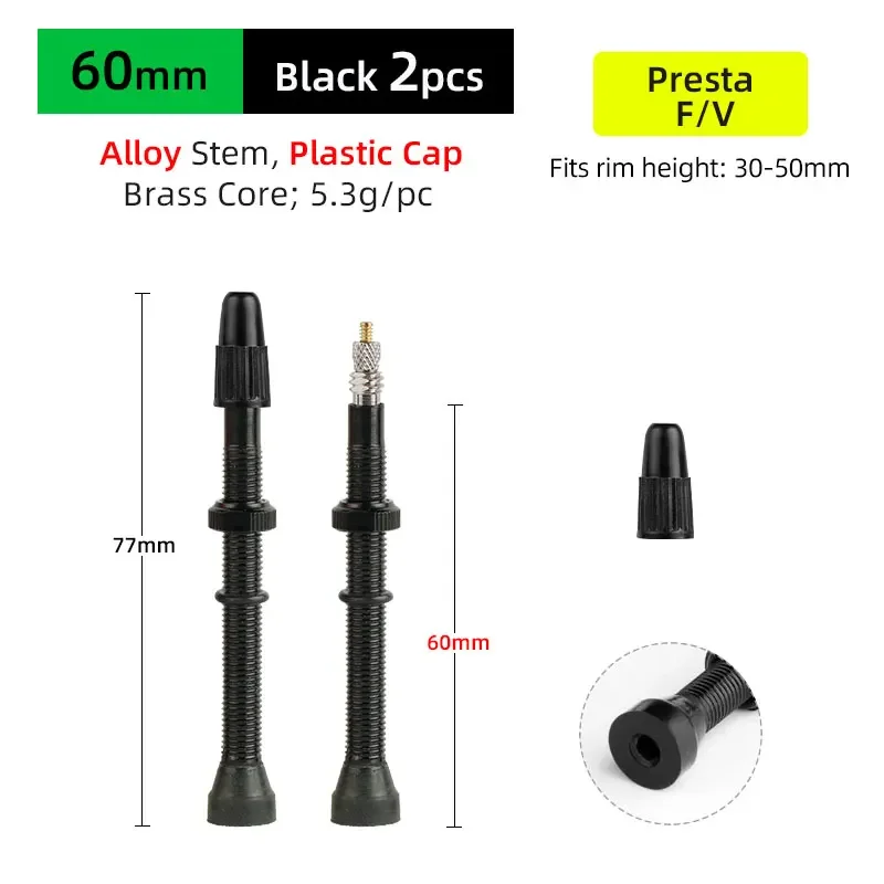 2pcs 40/60/80mm Bike Presta/FV Valve Stem - Tubeless Tire Installation for MTB & Road Bike Rims No-Tube Design