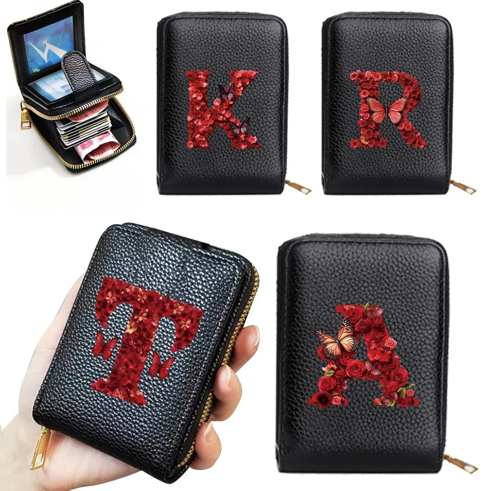 Purse Womens Wallet Ladies Rfid Blocking Leather Credit Card Holder with Zipper Coin Pocket ID Window Red Rose Pattern