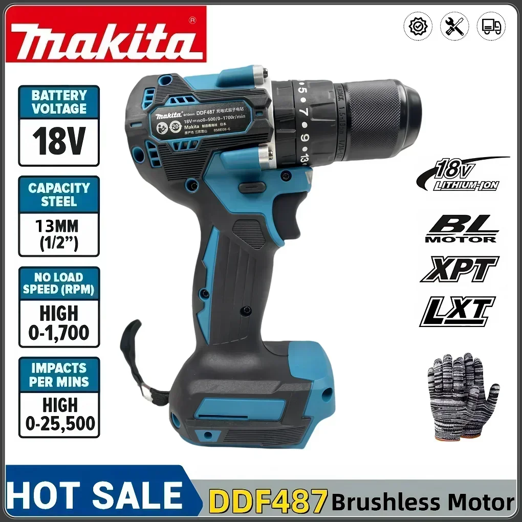 

Makita New DHP487 13mm Cordless Hammer Driver Drill 18VLXT Brushless Motor Impact Electric Screwdriver Variable Speed Power Tool