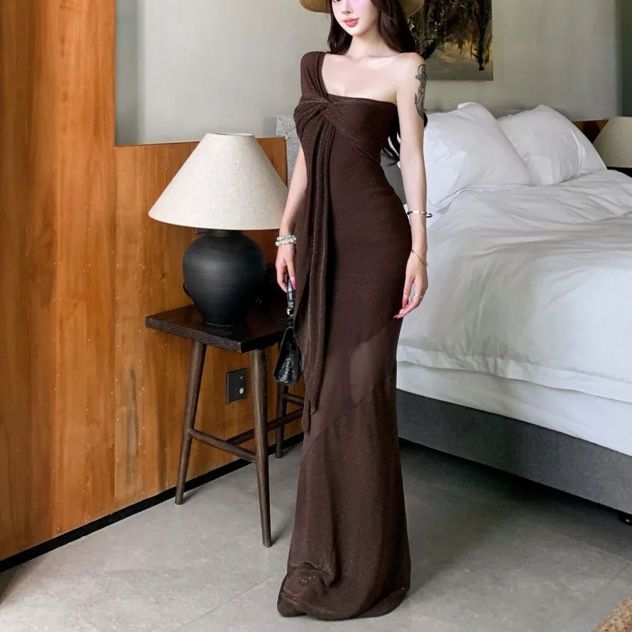 

Women's Brown One Shoulder Mesh Maxi Dress Sexy Sheer Bodycon Evening Party Cocktail Gown