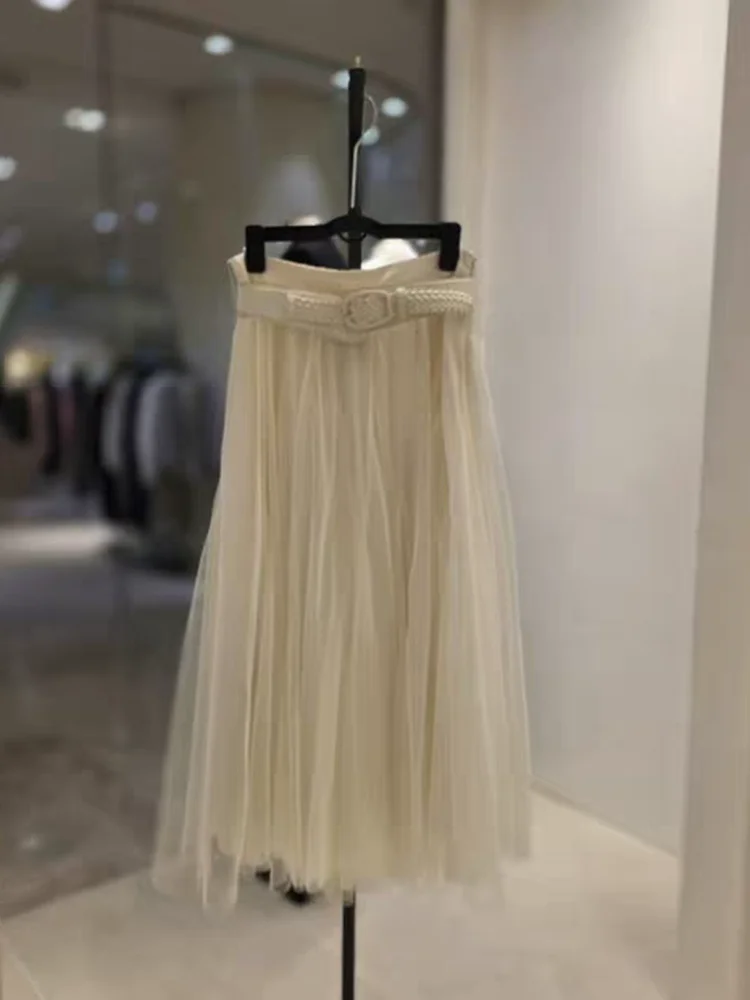 

Elegant Fashionable A-Line Skirt with Belt Design Slimming Pleated Midi Length Mesh Skirt High Waist Cotton City Commute