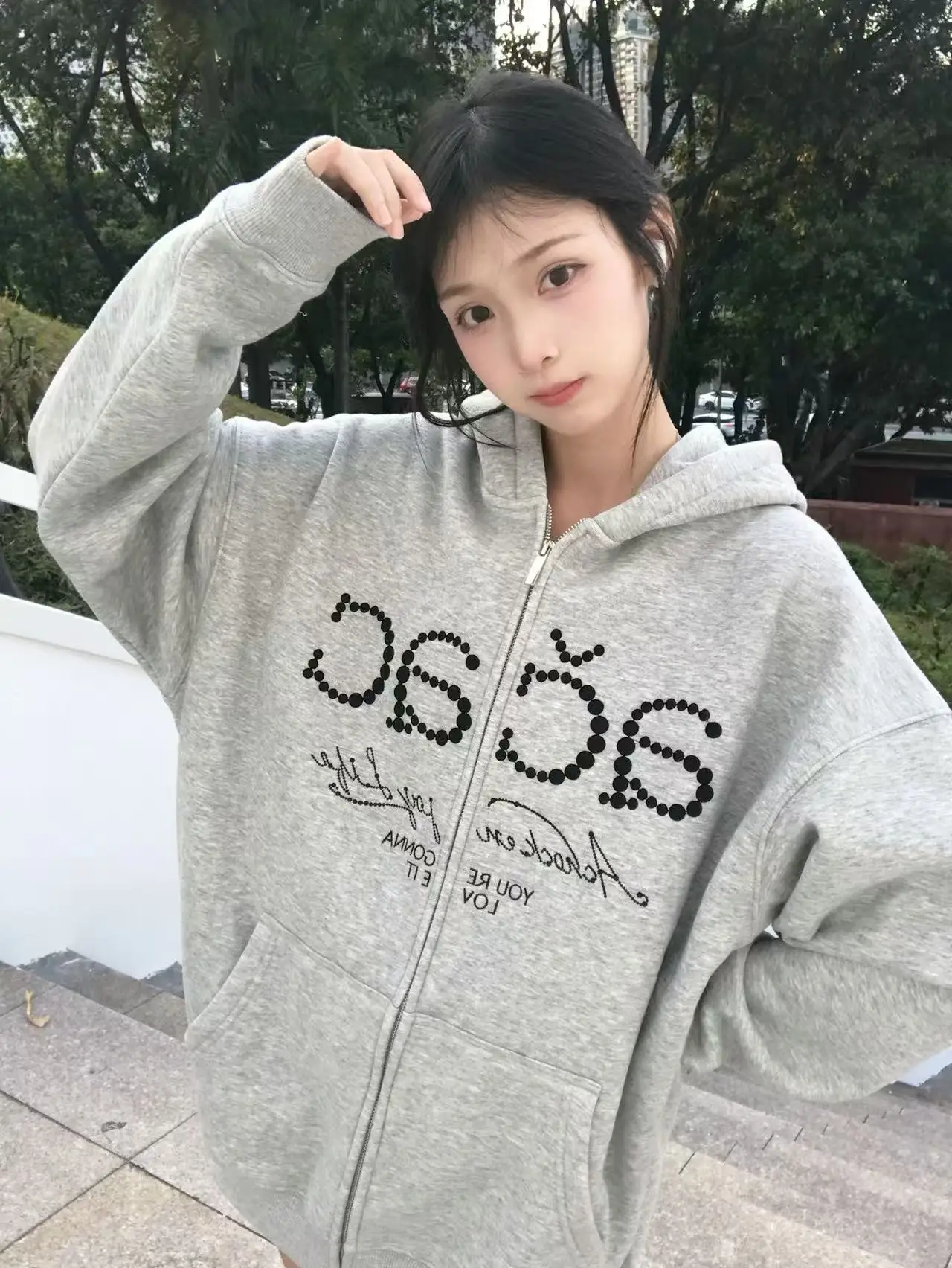 العصرية الأبيض ey Long Sve هوديي المرأة المطرزة طباعة فضفاضة الهيب هوب Sle التخسيس الشارع الشهير سستة العصرية Jaet #3