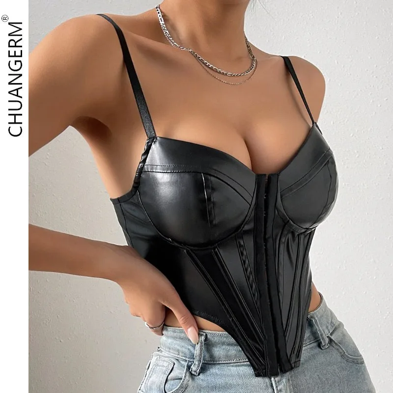 

CHUANGERM Sexy Corset Trendy Fashion Hottie Low-cut FishboneTube Top PU Solid Sleeveless V-neck Backless Bandage Bustier