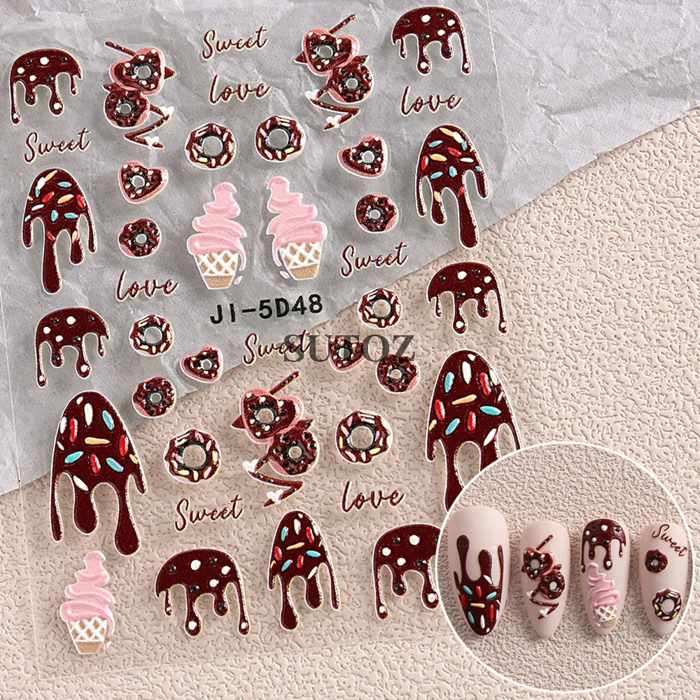 5d rosa Donuts geprägt Nagel Aufkleber bunte Cartoon Eis Kuchen Schokolade Dessert Nail Art Aufkleber Maniküre Dekor LEBJI-5D50