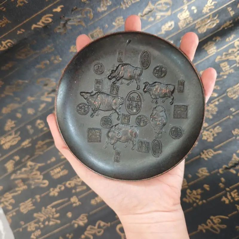 Rural-style Qing Dynasty Qianlong-era Five Ox Gods painting on a , antique, lucky charm, zodiac ox, bronze plate ornament