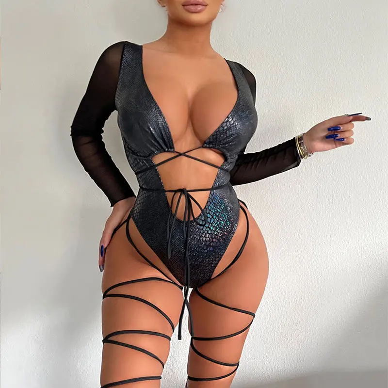 

2023 Sexy Snake PU Leather Bikini Swimwear Luxury Women One Piece Long Sleeve Swimsuit with Bandage