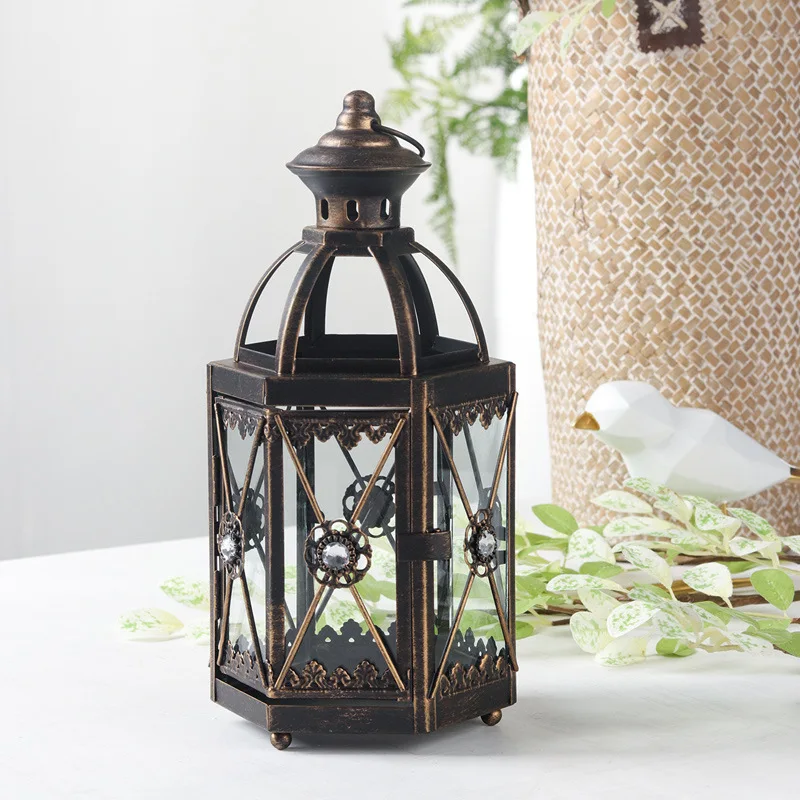 Nordic Style Creative Retro Lantern Hurricane Candleholder Courtyard Hanging Ornaments Home Desktop Decoration Candle Holder
