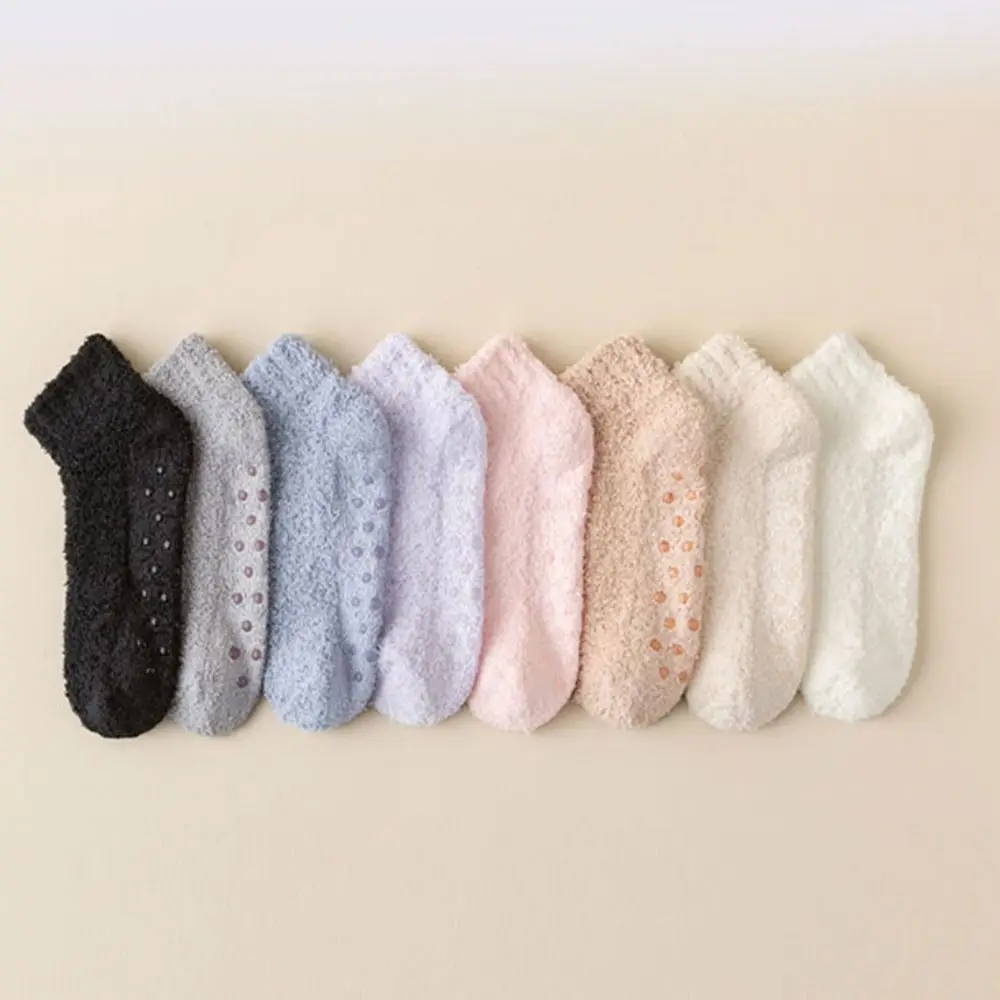 1Pair Women Winter Coral Velvet Socks Sleep Socking Silicone Non-slip Warm Floor Socks Fluffy Solid Color Cotton Socks