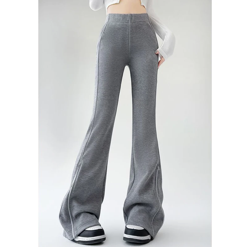 Pantalon évasé taille haute pour femme, pantalon de survêtement chic, demi-fermeture éclair, streetwear Y2K, mode coréenne, Harajuku, monochromatique, coupe couvertes