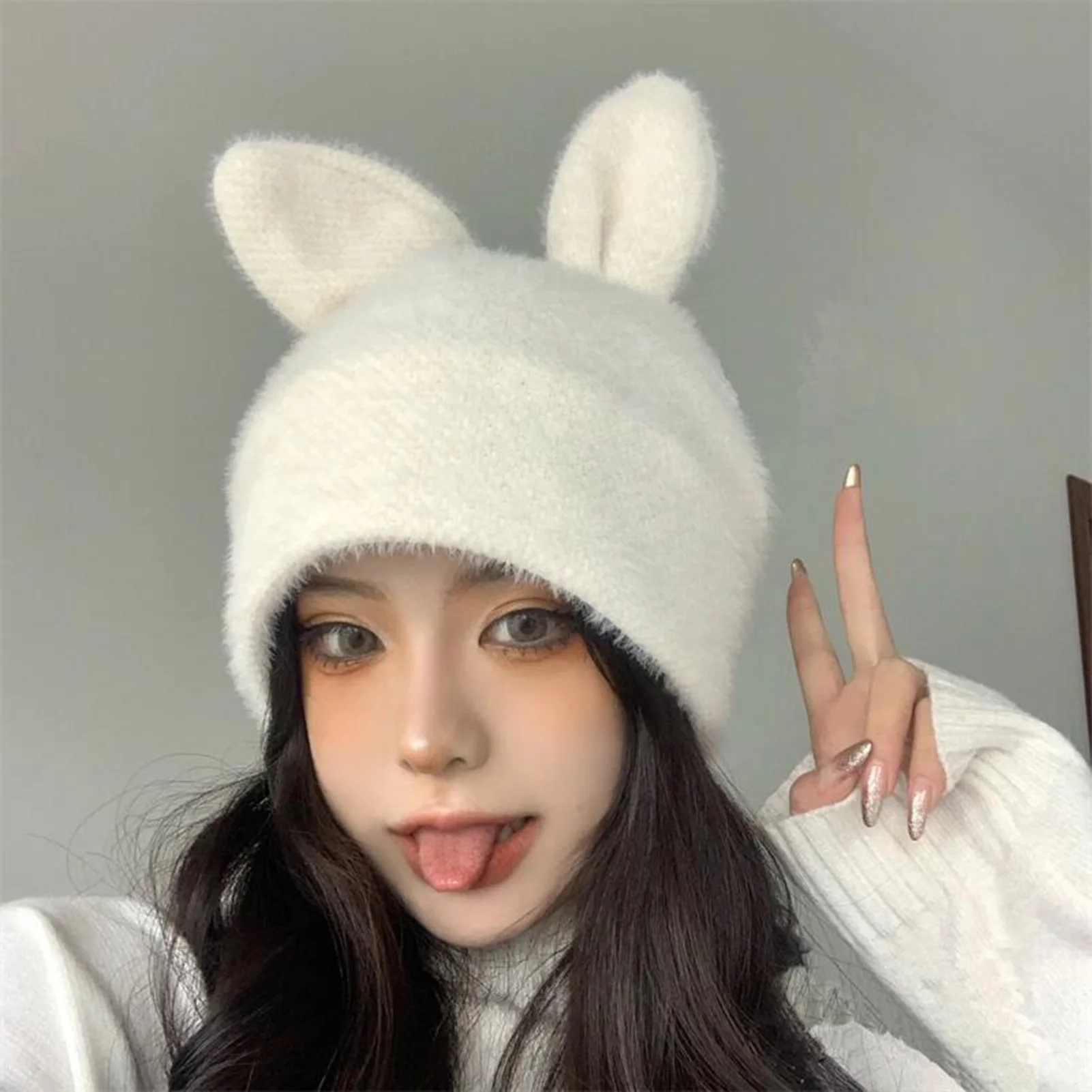 

Winter Outdoor Warm Hat For Women Lovely Rabbit Ear Thickened Knitted Cap Cycling Riding Travel Ski Soft Comfortable Warm Hat