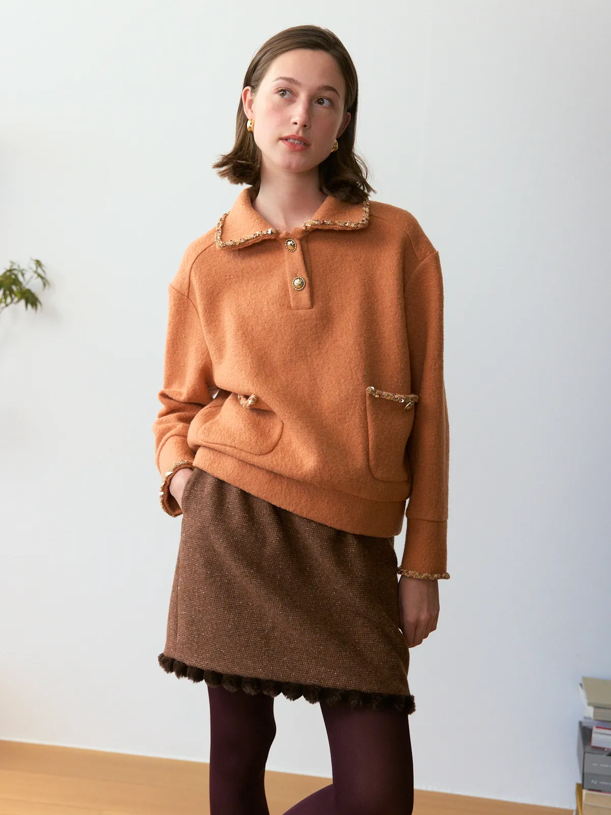 

Autumn Winter Woolen Knit irt Beaded Lace Decoration Camere Sweater Vintage Preppy Sle Loose Fit Long Sve