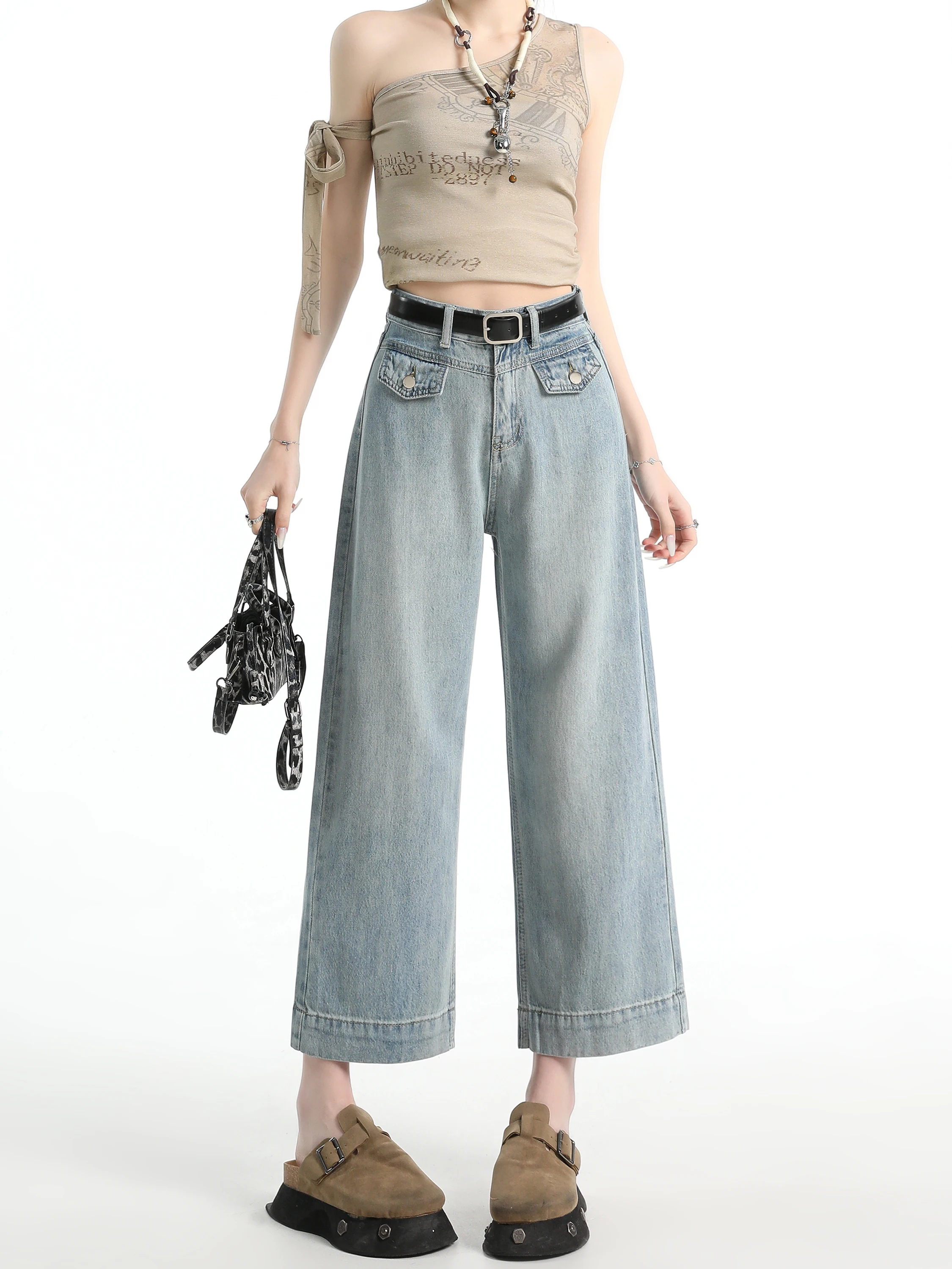 

Retro Blue Silk Wide Leg Jeans Women Summer Thin Small Size Versatile High Waist Loose Slim Straight Nine Point Pants