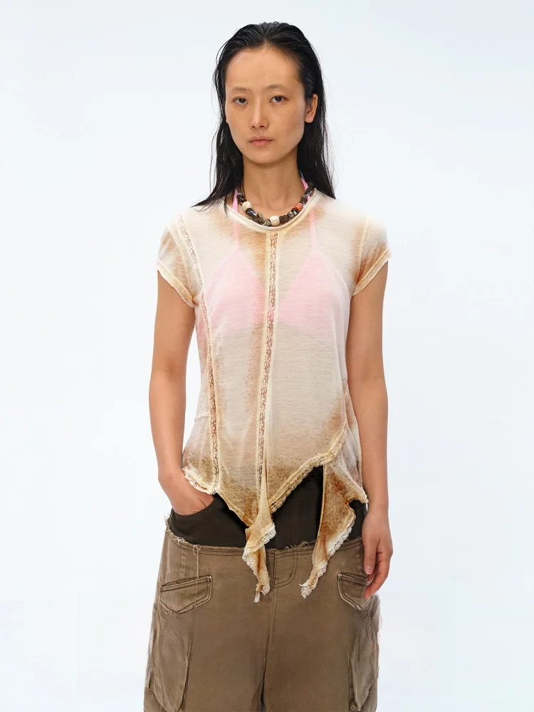 

Летний тонкий топ с круглым вырезом и кружевными вставками, с эффектом окрашивания распылением, дизайн Square Circle Design, для женщин, для повседневной носки