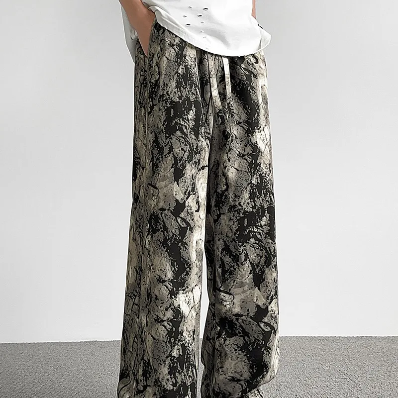 Trendy New Summer Ice Silk Fabric Men's Printing Tie Die Pockets Elastic Waist Drawstring Casual Loose Wide Leg Straight Pants